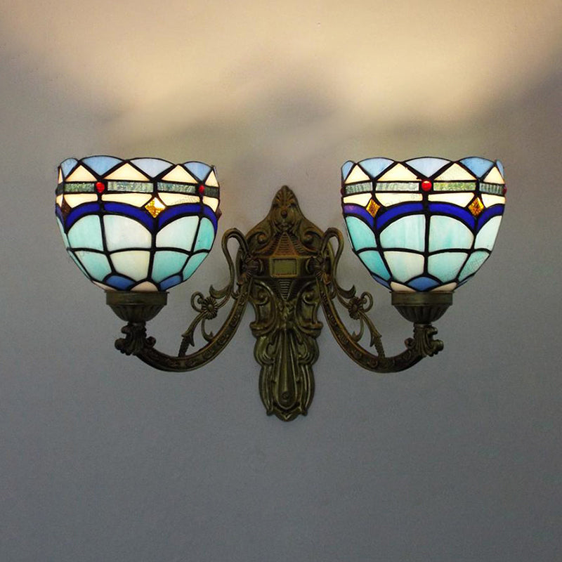Lisslune | Baroque Wall Lamp Fixture with Engraved Arm Braided Glass 2 Heads Wall Light in Blue/Beige for Library