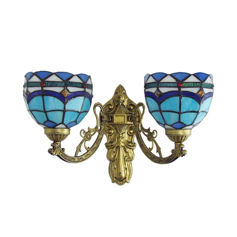 Lisslune | Baroque Wall Lamp Fixture with Engraved Arm Braided Glass 2 Heads Wall Light in Blue/Beige for Library