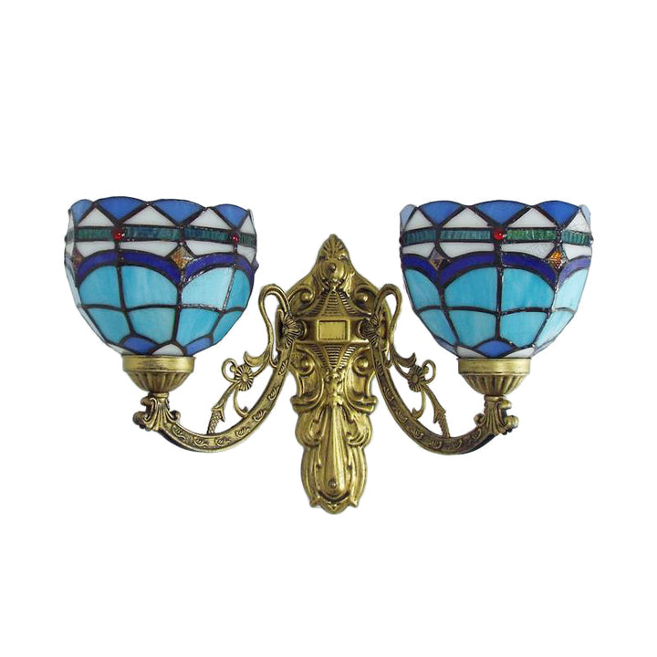 Lisslune | Baroque Wall Lamp Fixture with Engraved Arm Braided Glass 2 Heads Wall Light in Blue/Beige for Library