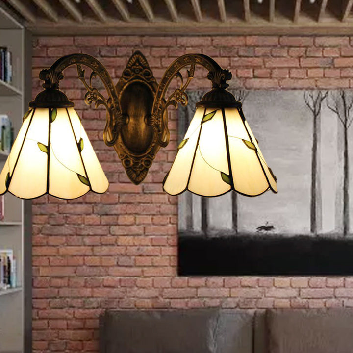 Lisslune | 2 Light Leaf Wall Mount Light with Curved Arm Lodge Style Braided Glass Wall Lamp in Beige