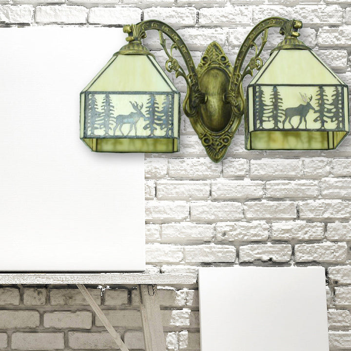 Lisslune | 2 Heads Deer Wall Lamp with Carved Arm Lodge Stained Glass Wall Lighting in Beige for Hallway