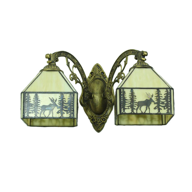 Lisslune | 2 Heads Deer Wall Lamp with Carved Arm Lodge Stained Glass Wall Lighting in Beige for Hallway