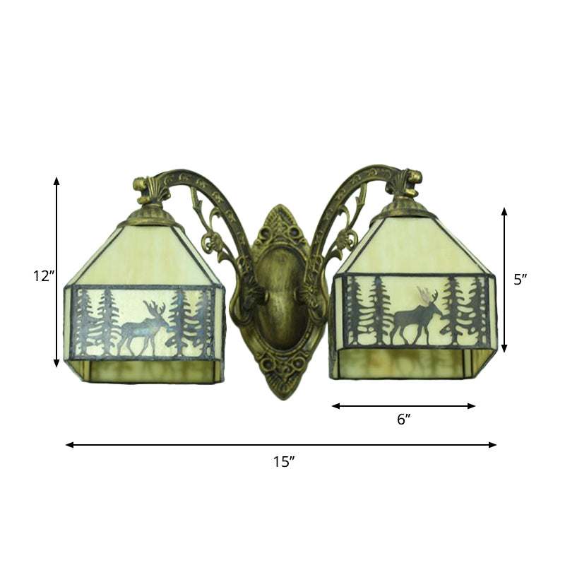 Lisslune | 2 Heads Deer Wall Lamp with Carved Arm Lodge Stained Glass Wall Lighting in Beige for Hallway