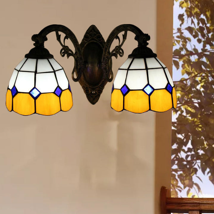 Lisslune | Curved Arm Wall Mount Light with Amber Glass Bowl Shade 2 Heads Vintage Wall Light in Yellow
