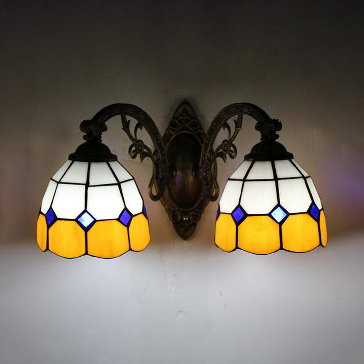 Lisslune | Curved Arm Wall Mount Light with Amber Glass Bowl Shade 2 Heads Vintage Wall Light in Yellow