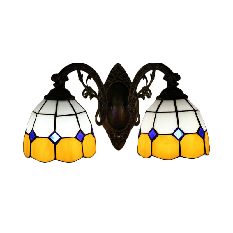 Lisslune | Curved Arm Wall Mount Light with Amber Glass Bowl Shade 2 Heads Vintage Wall Light in Yellow