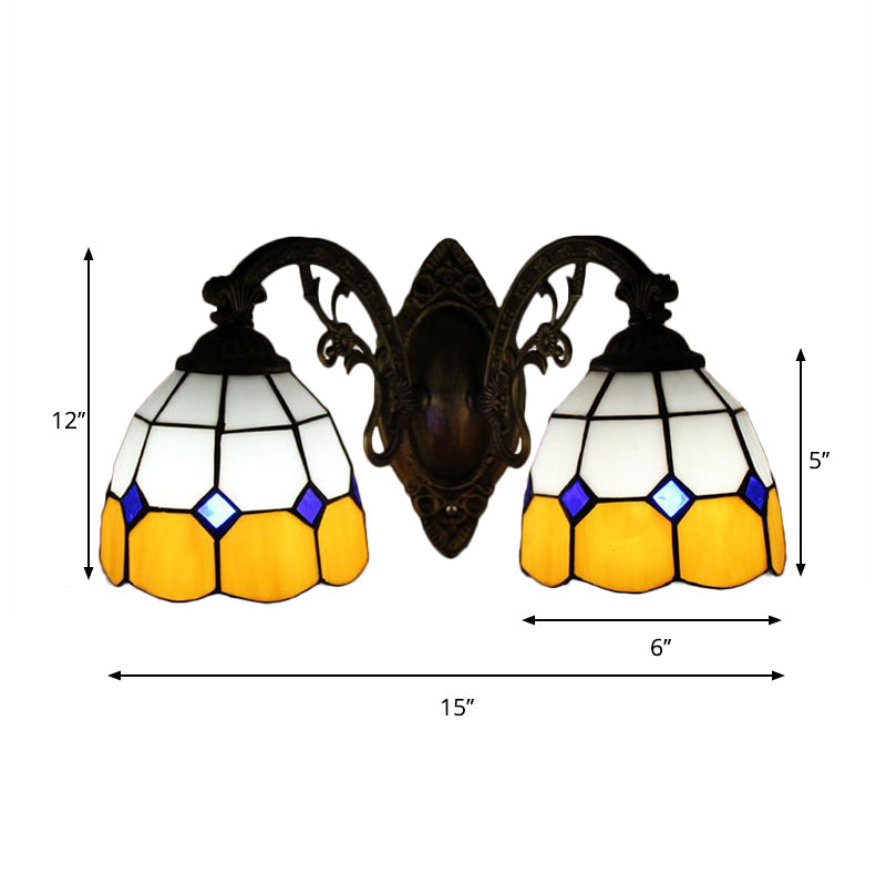 Lisslune | Curved Arm Wall Mount Light with Amber Glass Bowl Shade 2 Heads Vintage Wall Light in Yellow