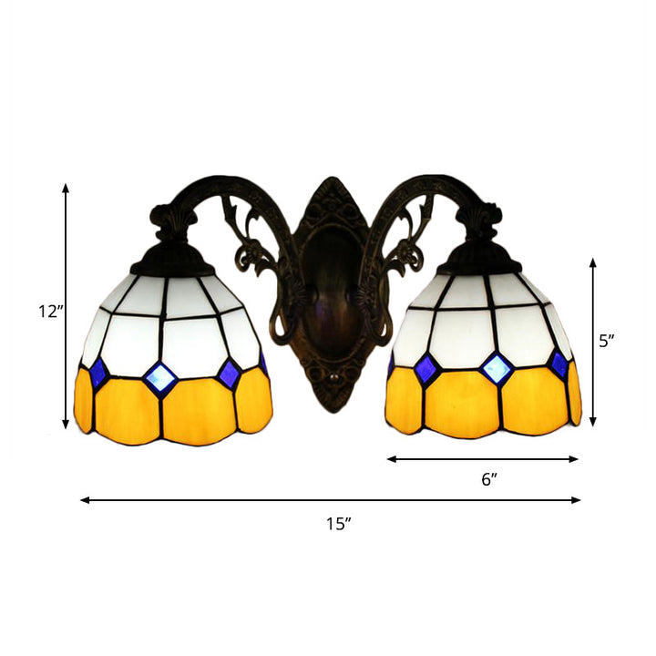 Lisslune | Curved Arm Wall Mount Light with Amber Glass Bowl Shade 2 Heads Vintage Wall Light in Yellow