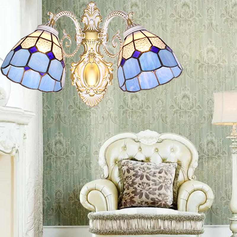 Lisslune | Mediterranean Dome Wall Mount Light Blue Glass Shade 2 Heads Wall Lamp Lighting for Restaurant