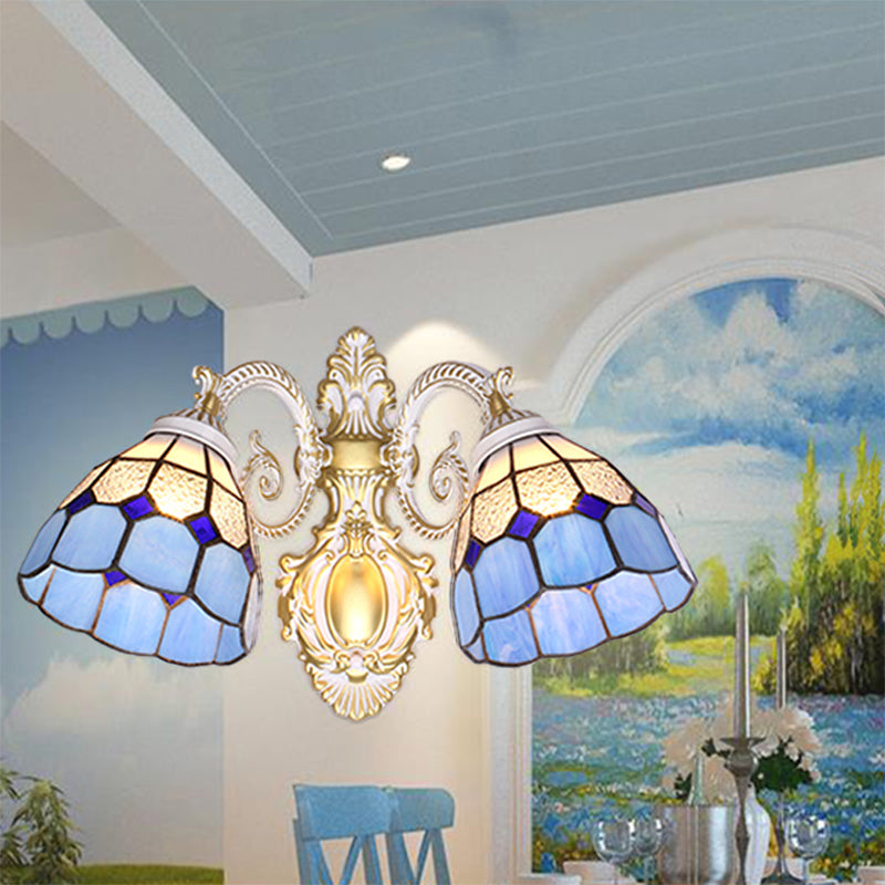 Lisslune | Mediterranean Dome Wall Mount Light Blue Glass Shade 2 Heads Wall Lamp Lighting for Restaurant
