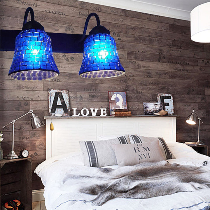 Lisslune | Striped Glass Bell Wall Mounted Light 2 Heads Yellow/Pink/Orange Wall Lamp with Pull Cord Switch