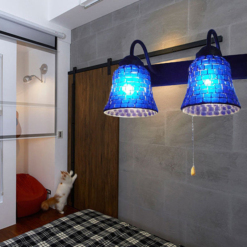 Lisslune | Striped Glass Bell Wall Mounted Light 2 Heads Yellow/Pink/Orange Wall Lamp with Pull Cord Switch