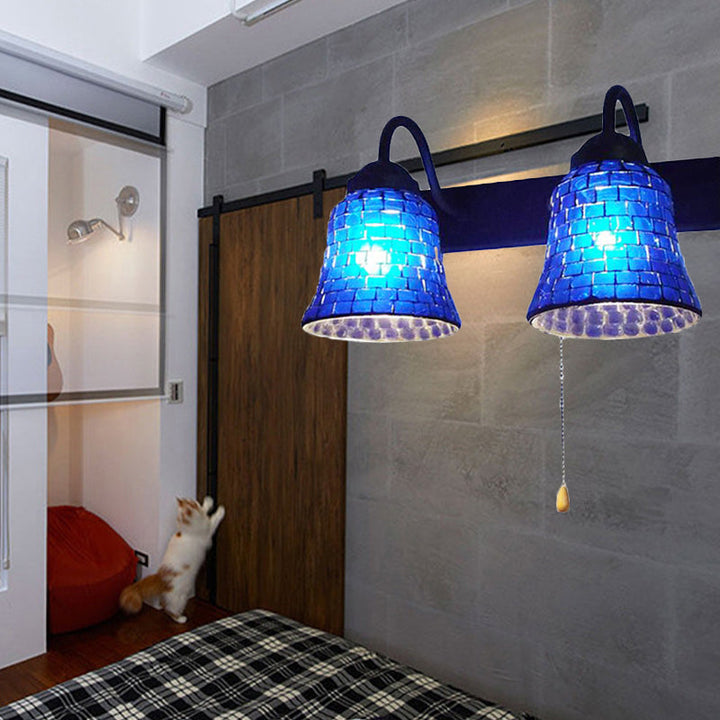 Lisslune | Striped Glass Bell Wall Mounted Light 2 Heads Yellow/Pink/Orange Wall Lamp with Pull Cord Switch