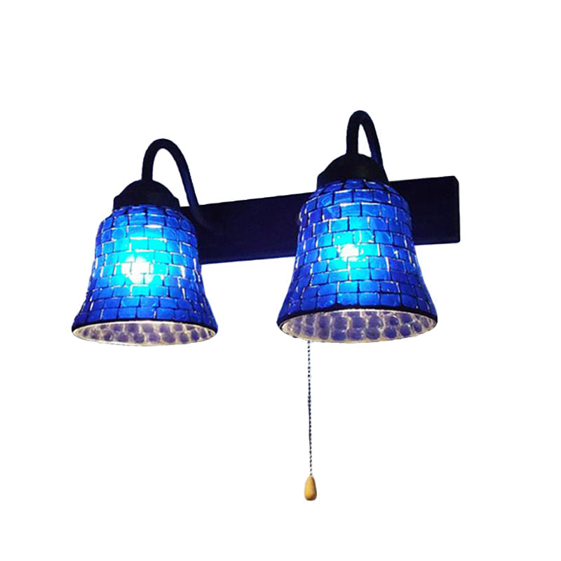Lisslune | Striped Glass Bell Wall Mounted Light 2 Heads Yellow/Pink/Orange Wall Lamp with Pull Cord Switch