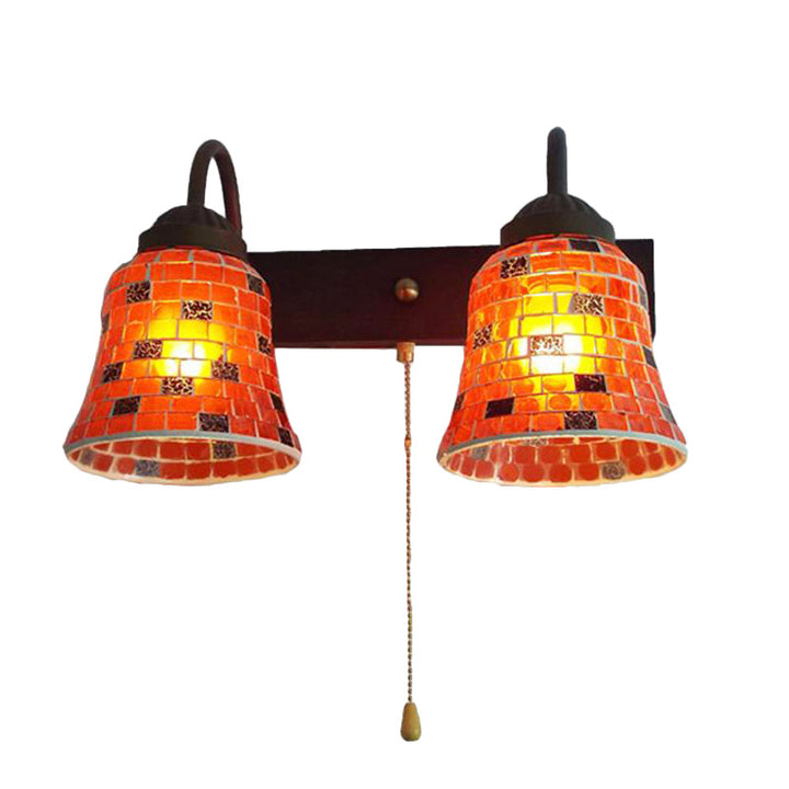 Lisslune | Striped Glass Bell Wall Mounted Light 2 Heads Yellow/Pink/Orange Wall Lamp with Pull Cord Switch