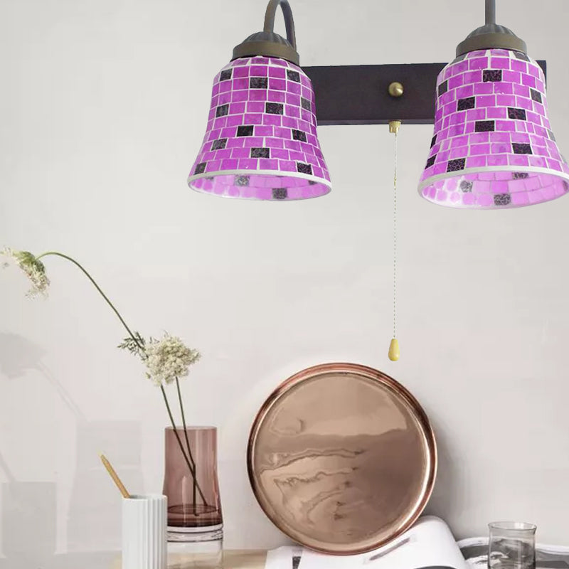 Lisslune | Striped Glass Bell Wall Mounted Light 2 Heads Yellow/Pink/Orange Wall Lamp with Pull Cord Switch