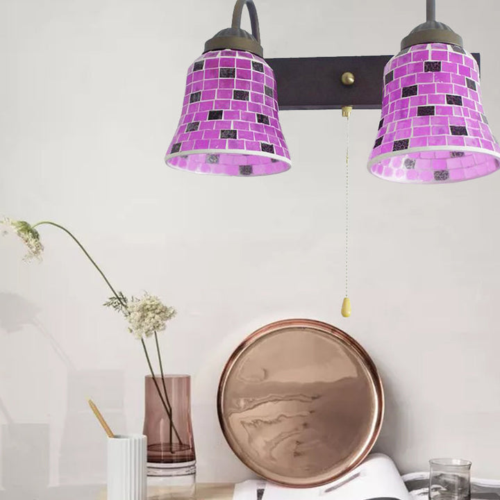 Lisslune | Striped Glass Bell Wall Mounted Light 2 Heads Yellow/Pink/Orange Wall Lamp with Pull Cord Switch