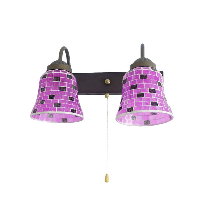 Lisslune | Striped Glass Bell Wall Mounted Light 2 Heads Yellow/Pink/Orange Wall Lamp with Pull Cord Switch