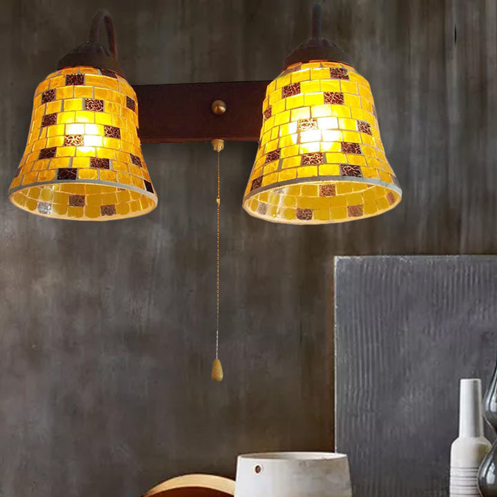 Lisslune | Striped Glass Bell Wall Mounted Light 2 Heads Yellow/Pink/Orange Wall Lamp with Pull Cord Switch