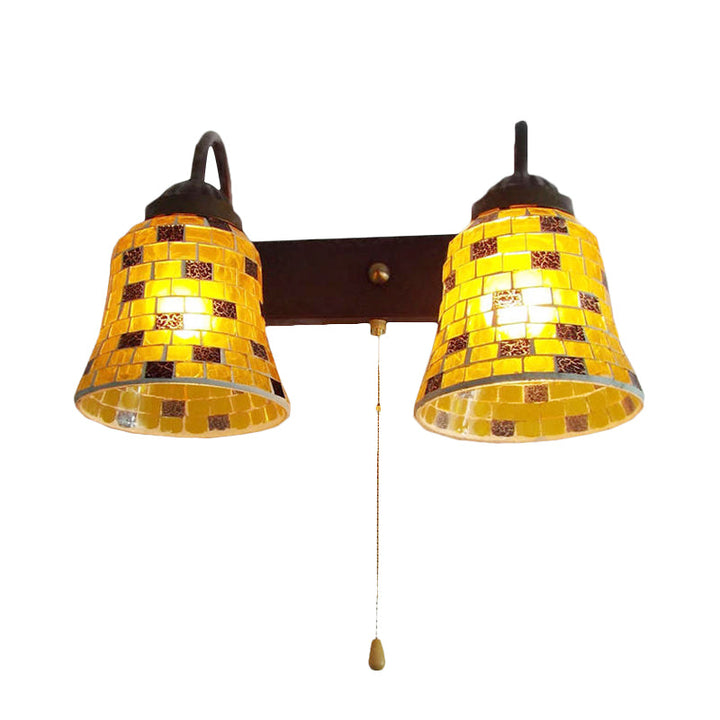 Lisslune | Striped Glass Bell Wall Mounted Light 2 Heads Yellow/Pink/Orange Wall Lamp with Pull Cord Switch