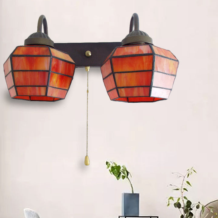 Lisslune | Lantern Wall Light Fixture Tiffany Stained Glass 2 Heads Orange Wall Lamp with Pull Switch
