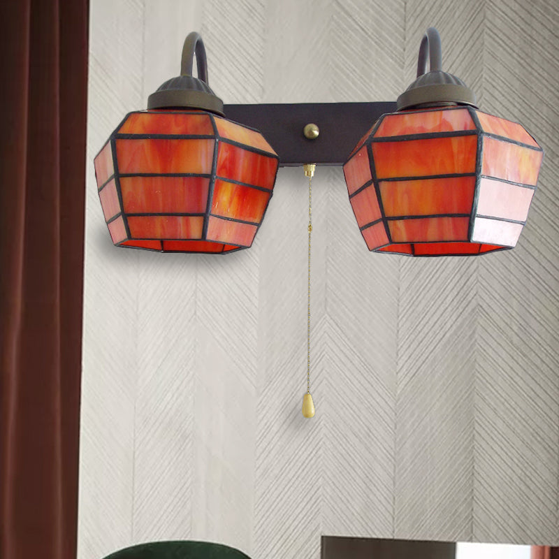 Lisslune | Lantern Wall Light Fixture Tiffany Stained Glass 2 Heads Orange Wall Lamp with Pull Switch