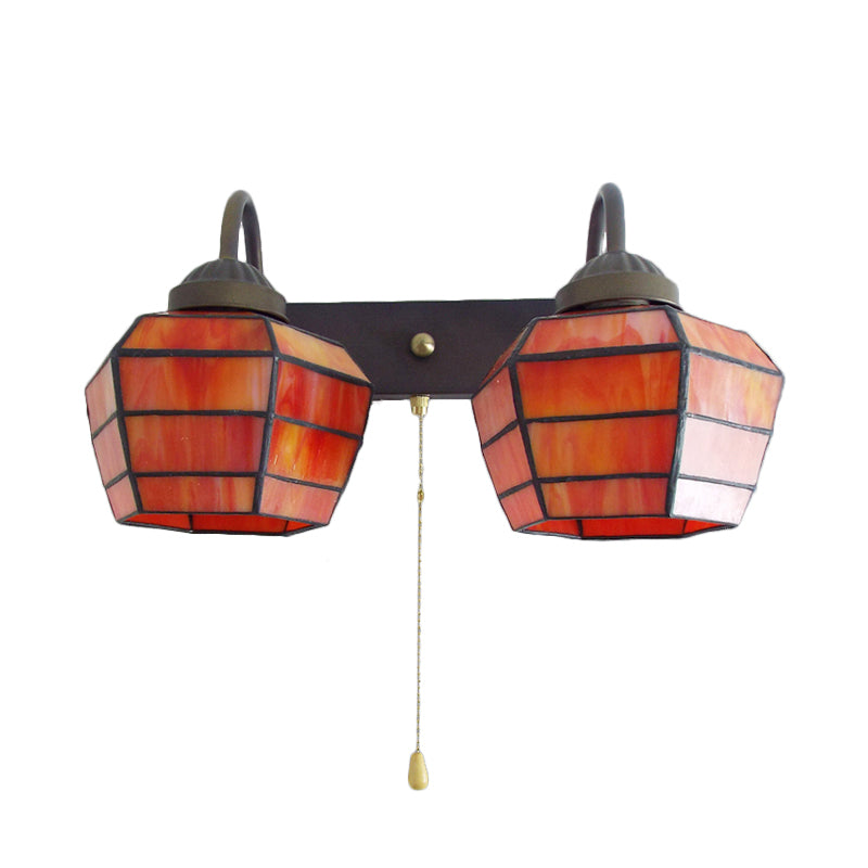 Lisslune | Lantern Wall Light Fixture Tiffany Stained Glass 2 Heads Orange Wall Lamp with Pull Switch