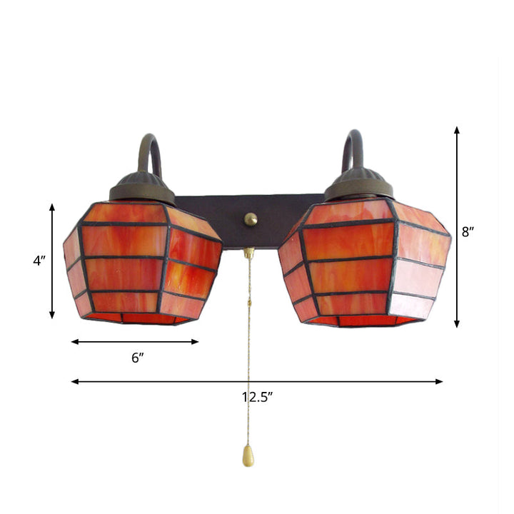 Lisslune | Lantern Wall Light Fixture Tiffany Stained Glass 2 Heads Orange Wall Lamp with Pull Switch