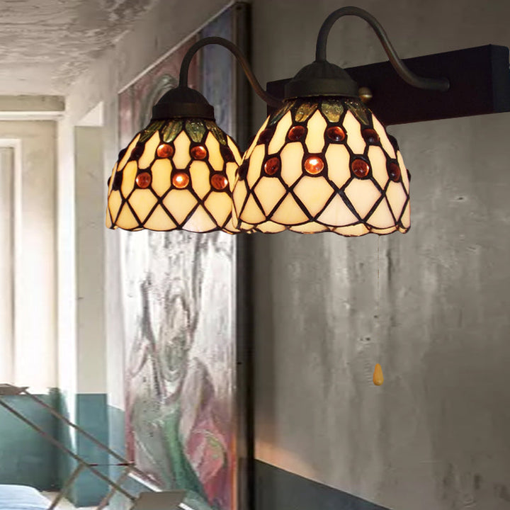 Lisslune | Beige Glass Black Wall Mount Light Dome 2 Heads Tiffany Wall Lamp Lighting with Pull Switch