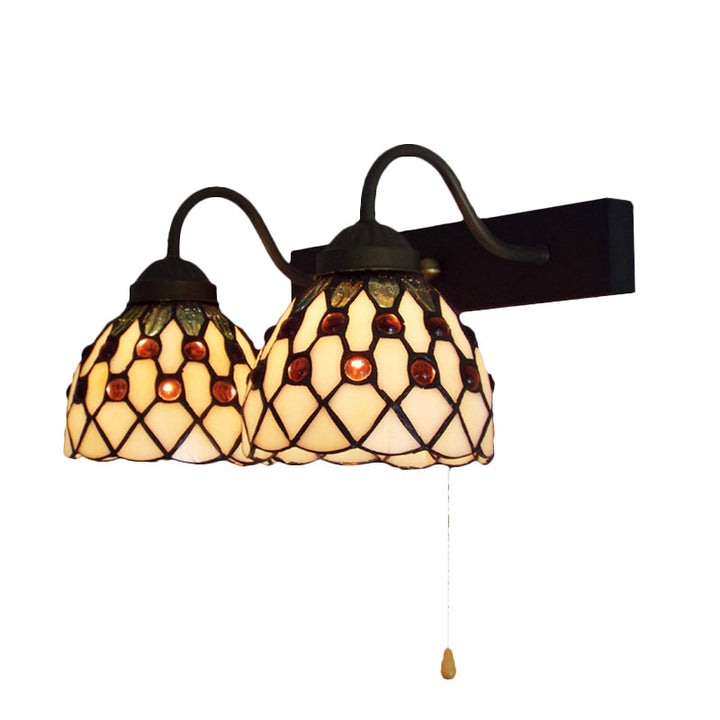 Lisslune | Beige Glass Black Wall Mount Light Dome 2 Heads Tiffany Wall Lamp Lighting with Pull Switch