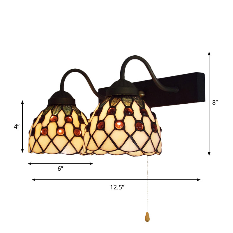Lisslune | Beige Glass Black Wall Mount Light Dome 2 Heads Tiffany Wall Lamp Lighting with Pull Switch