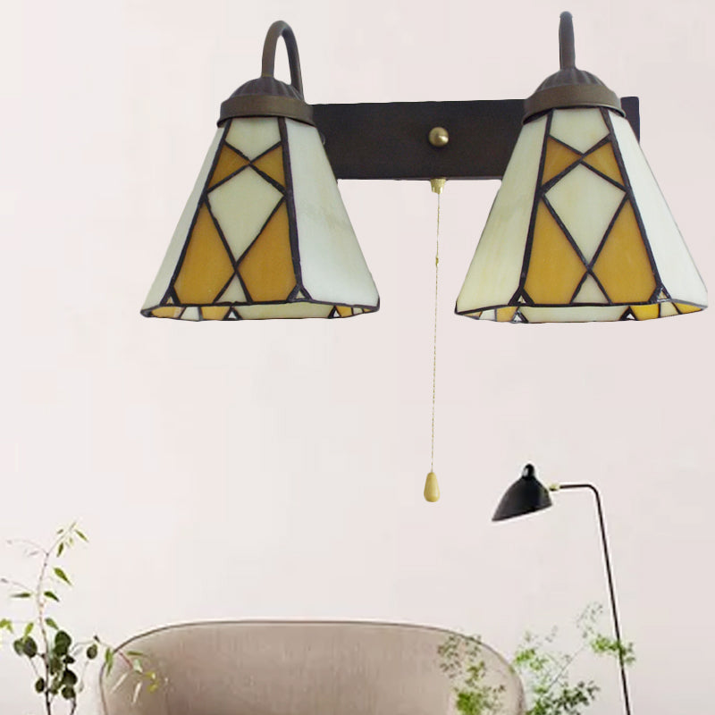Lisslune | Conical Stained Glass Wall Light Fixture Tiffany 2 Heads Blue/Orange Wall Lamp with Pull Chain