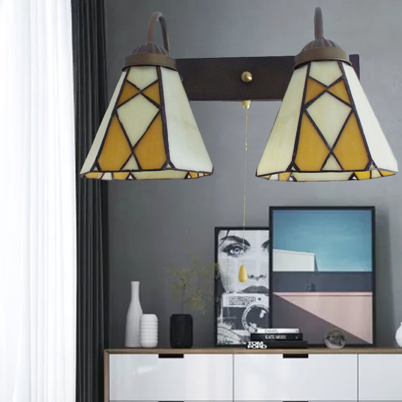 Lisslune | Conical Stained Glass Wall Light Fixture Tiffany 2 Heads Blue/Orange Wall Lamp with Pull Chain