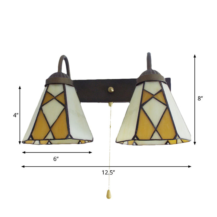 Lisslune | Conical Stained Glass Wall Light Fixture Tiffany 2 Heads Blue/Orange Wall Lamp with Pull Chain