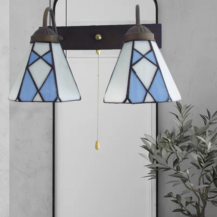 Lisslune | Conical Stained Glass Wall Light Fixture Tiffany 2 Heads Blue/Orange Wall Lamp with Pull Chain