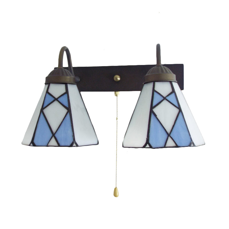 Lisslune | Conical Stained Glass Wall Light Fixture Tiffany 2 Heads Blue/Orange Wall Lamp with Pull Chain