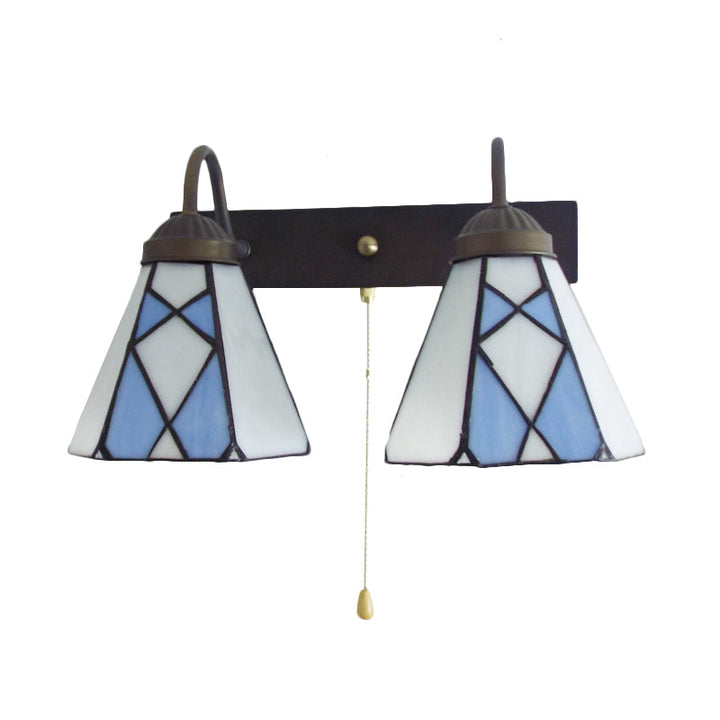 Lisslune | Conical Stained Glass Wall Light Fixture Tiffany 2 Heads Blue/Orange Wall Lamp with Pull Chain