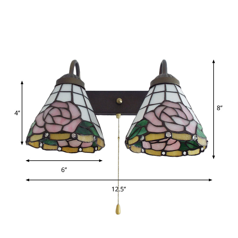 Lisslune | Pink Wall-Mounted Light Victorian Anodized Glass 2 Heads Pink Wall Lamp with Pull Switch