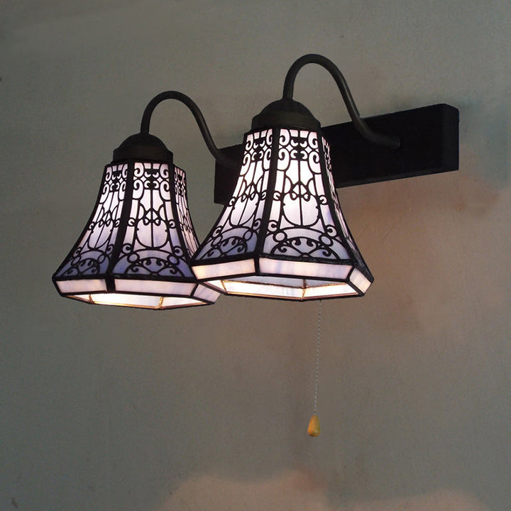 Lisslune | Blue Flared Wall Lamp Tiffany 2 Heads Stained Glass Wall Light with Pull Switch
