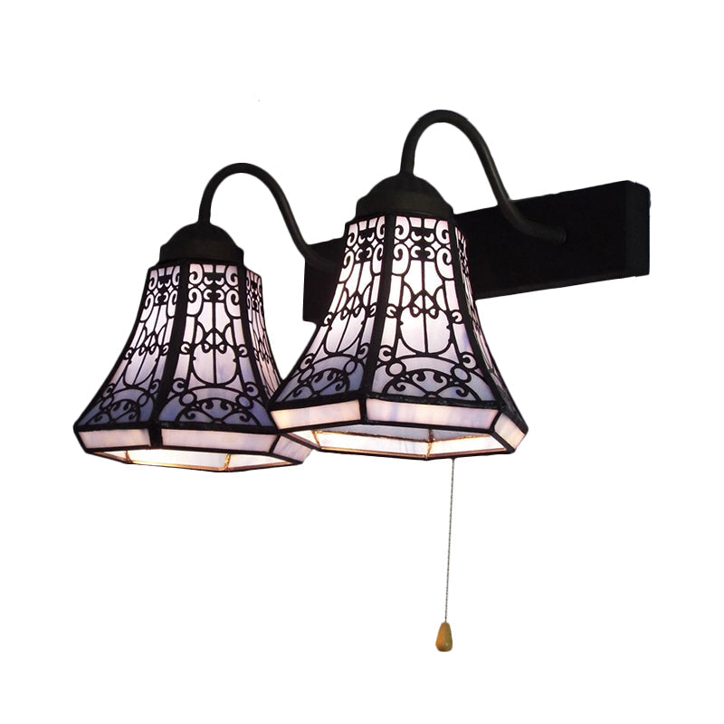 Lisslune | Blue Flared Wall Lamp Tiffany 2 Heads Stained Glass Wall Light with Pull Switch