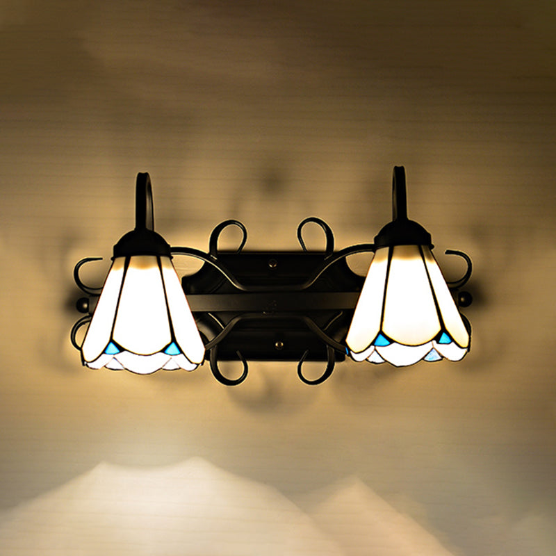 Lisslune | White Glass Conical Wall Lamp Vintage Style 2 Lights Bedroom Wall Lighting in Black for Entrance