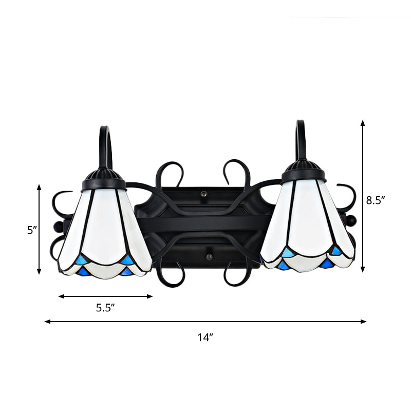 Lisslune | White Glass Conical Wall Lamp Vintage Style 2 Lights Bedroom Wall Lighting in Black for Entrance