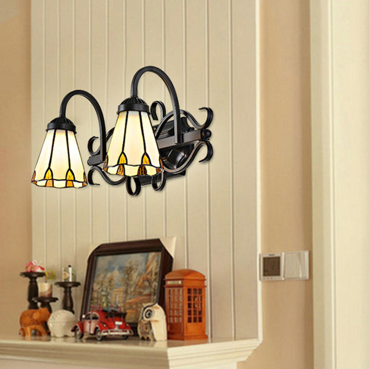 Lisslune | Vintage Retro Cone Sconce Light with Goose Neck Stained Glass 2 Heads Wall Light in Beige for Bedroom
