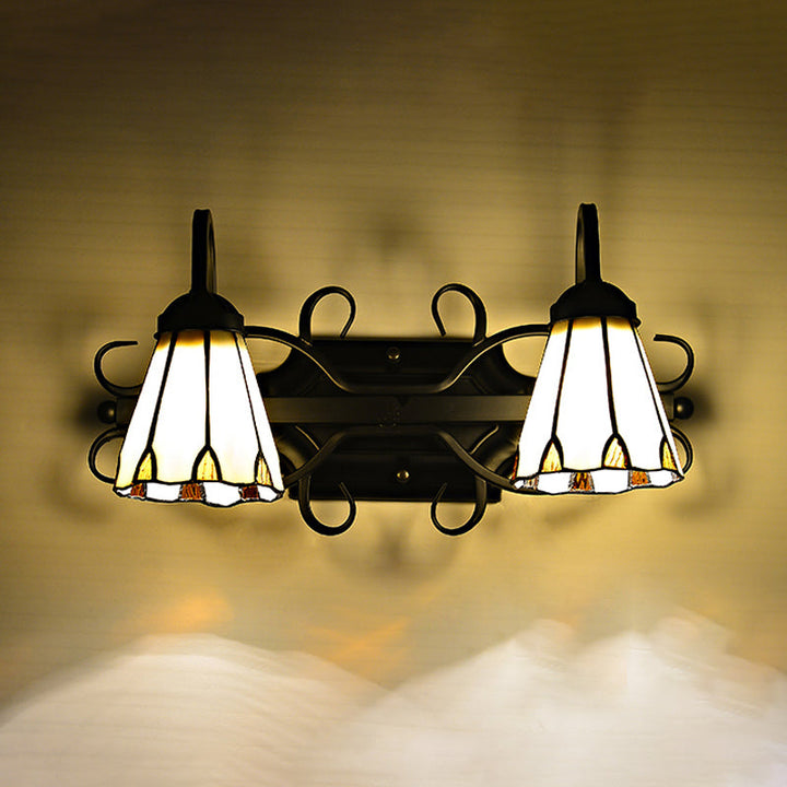 Lisslune | Vintage Retro Cone Sconce Light with Goose Neck Stained Glass 2 Heads Wall Light in Beige for Bedroom