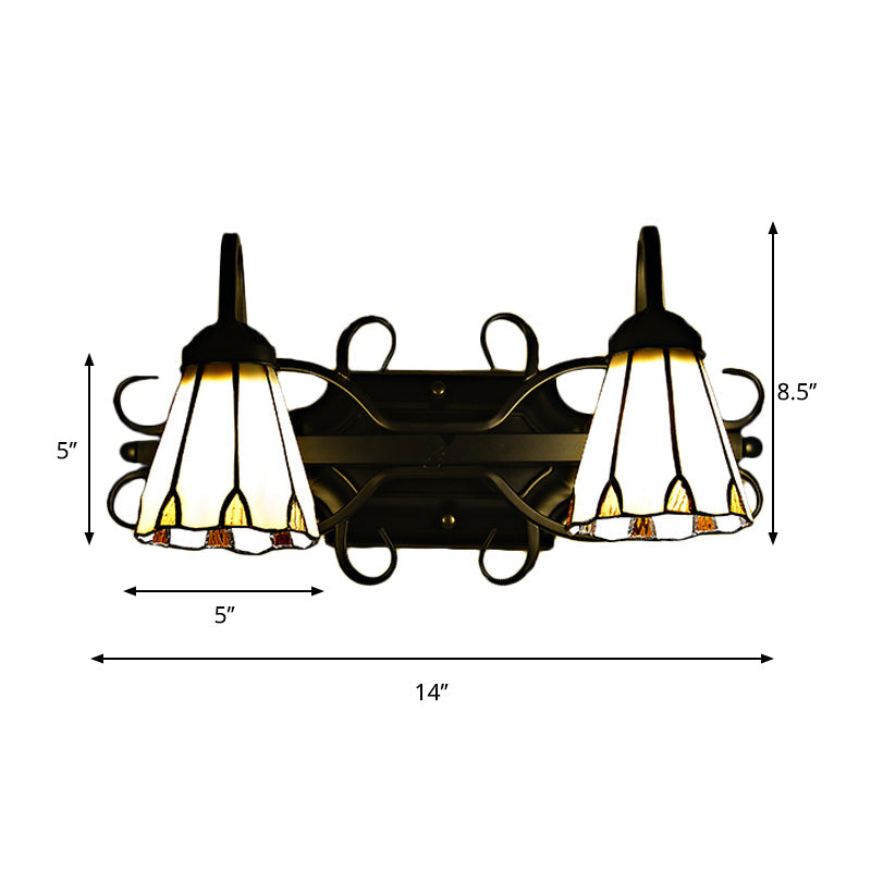 Lisslune | Vintage Retro Cone Sconce Light with Goose Neck Stained Glass 2 Heads Wall Light in Beige for Bedroom