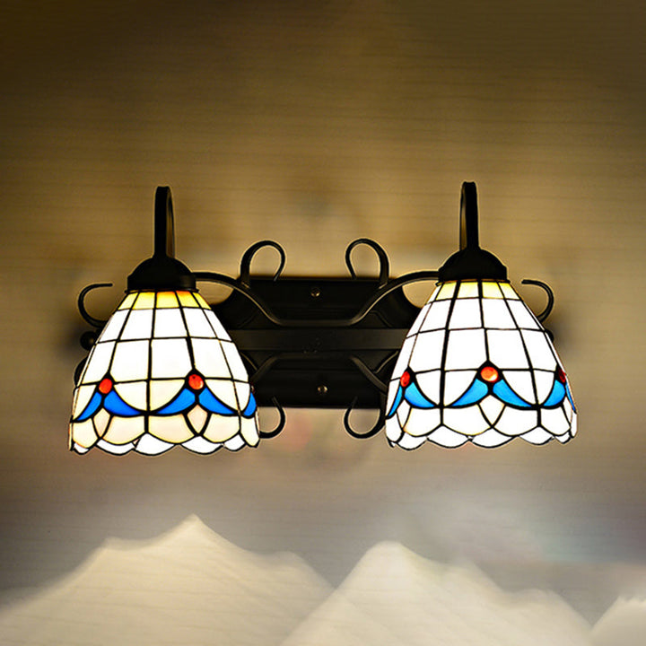 Lisslune | Stained Glass Magnolia Wall Lighting Rustic Retro Style 2 Lights Sconce Lamp in Black for Bathroom