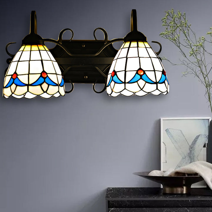 Lisslune | Stained Glass Magnolia Wall Lighting Rustic Retro Style 2 Lights Sconce Lamp in Black for Bathroom