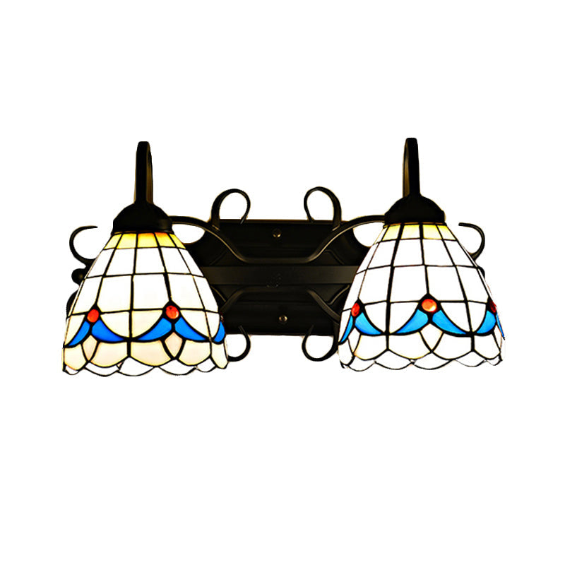 Lisslune | Stained Glass Magnolia Wall Lighting Rustic Retro Style 2 Lights Sconce Lamp in Black for Bathroom