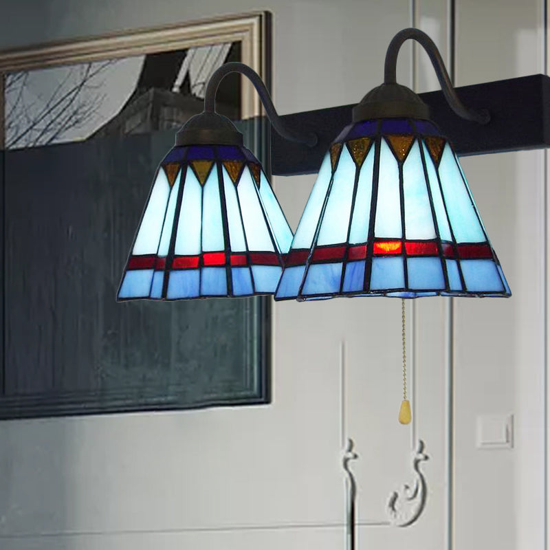 Lisslune | Mediterranean Cone Wall Lamp 2 Heads Blue Glass Wall Mount Light with Pull Switch