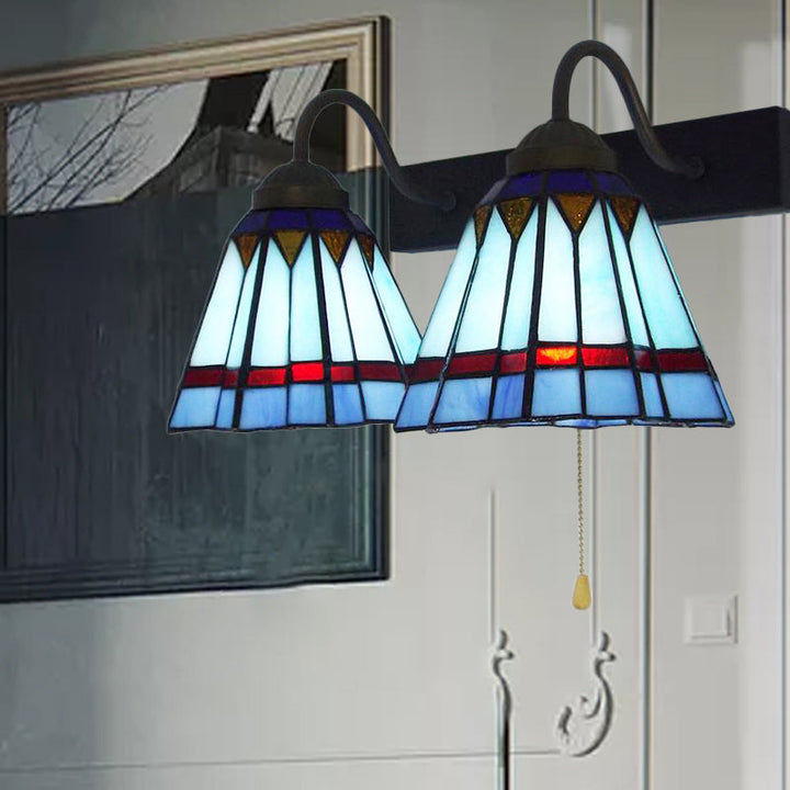 Lisslune | Mediterranean Cone Wall Lamp 2 Heads Blue Glass Wall Mount Light with Pull Switch
